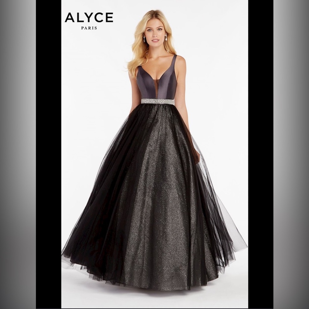 ALYCE PARIS PROM WEDDING DRESS 60389 black sparkle belt princess a line 10 NWT